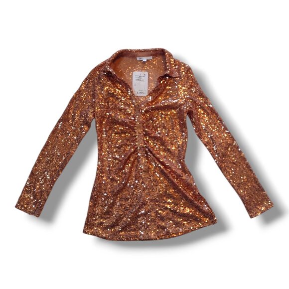 Nordstrom DR2 Sequin Ruched Long Sleeve Button Up Shirt - Picture 2 of 3